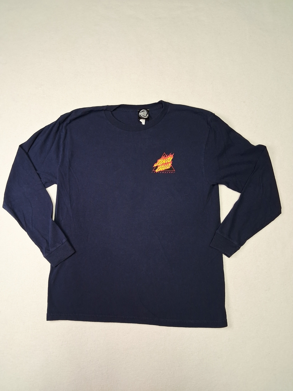 4/20$ Santa Cruz Skateboards Navy Long Sleeve Tee with Orange Flame Logo